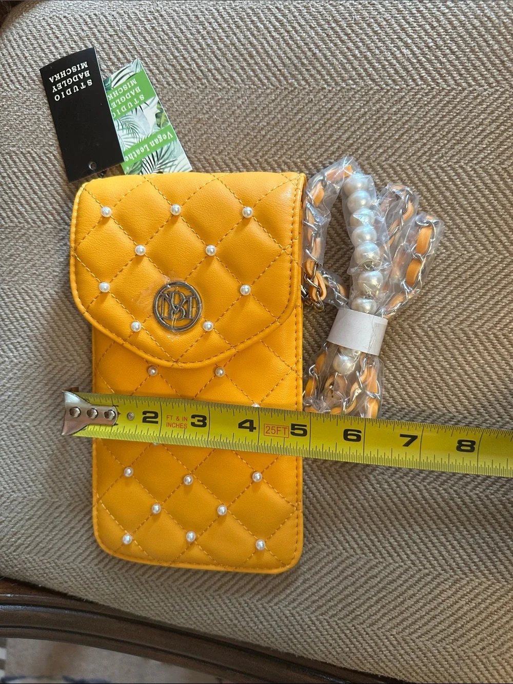 Badgley Mischka Quilted Yellow Pearl-Accented Phone Crossbody
